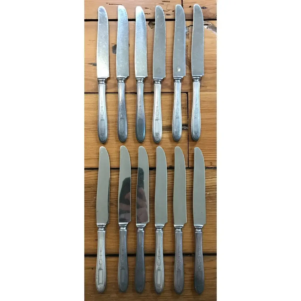 Set Lot 12 Vtg Antique Oneida Silverplate De Luxe Stainless Dinner Knives 9.75
